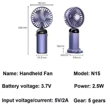 Portable Handheld Mini Fan 3000mAh Foldable Neck Hanging Fans 5 Speed Adjust USB Charge Fan with Phone Stand and Display Screen