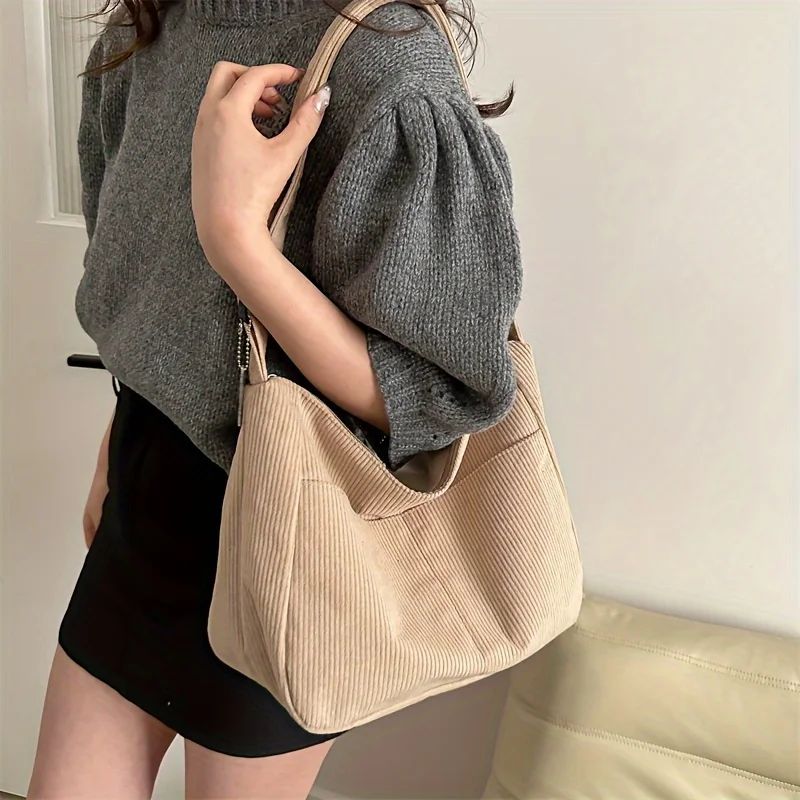 Women’s Corduroy Shoulder Bag, Casual Striped Large Capacity Tote with Zipper Closure, Cute Hat Patch, Perfect for Everyday Use