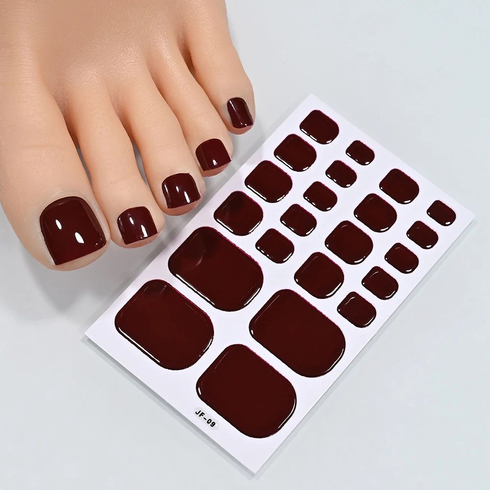 22Tips/Sheet Glossy Black Toe Nail Stickers European&American Style Solid Color Toenail Decals Full Cover Toenail Polish Strips