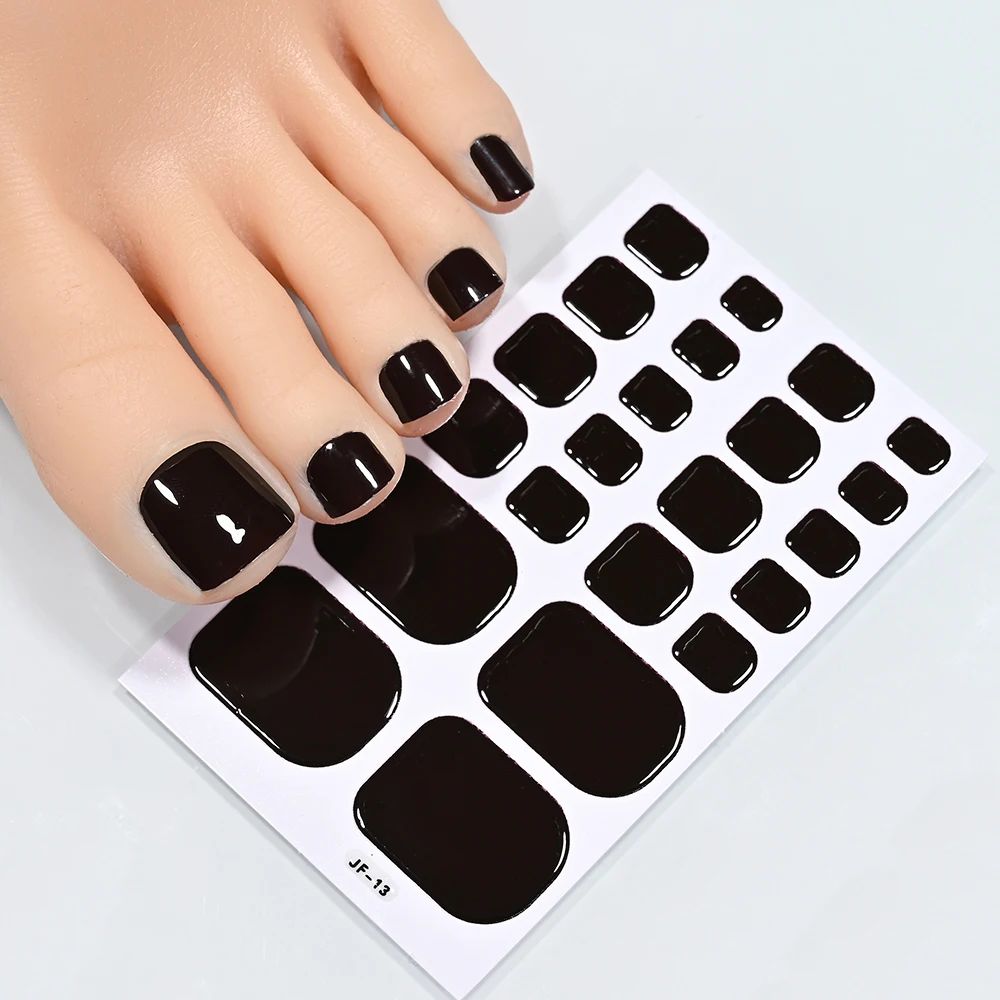 22Tips/Sheet Glossy Black Toe Nail Stickers European&American Style Solid Color Toenail Decals Full Cover Toenail Polish Strips