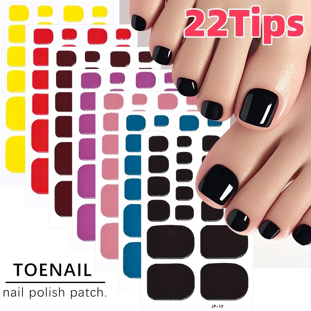 22Tips/Sheet Glossy Black Toe Nail Stickers European&American Style Solid Color Toenail Decals Full Cover Toenail Polish Strips